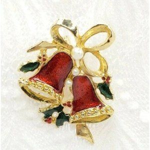 Vintage Gold Tone Enamel Christmas Bells Faux Pearls Holly Brooch Pin